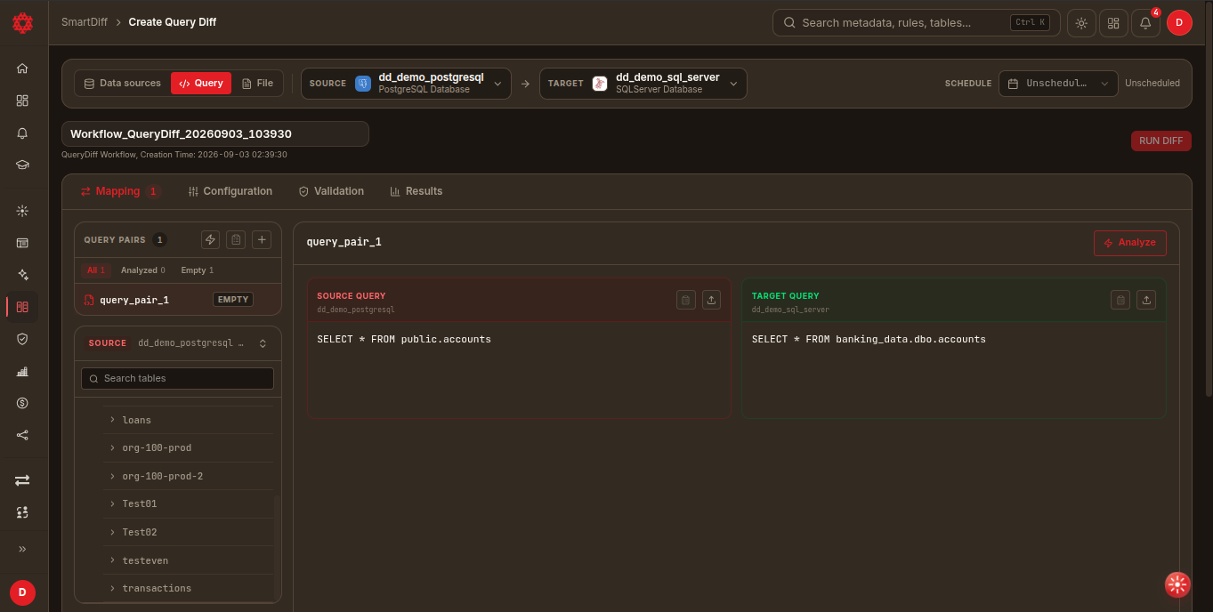 Query Diff Mapping tab (empty state)