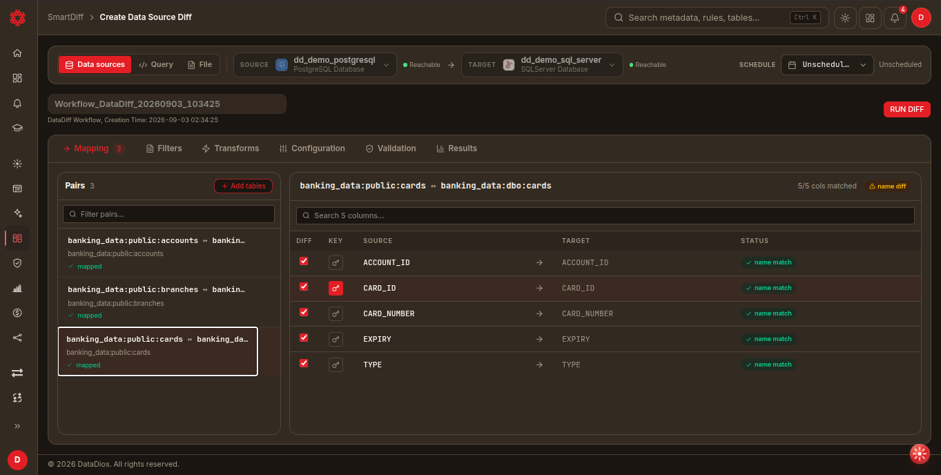 Mapping tab — pairs, columns, and keys