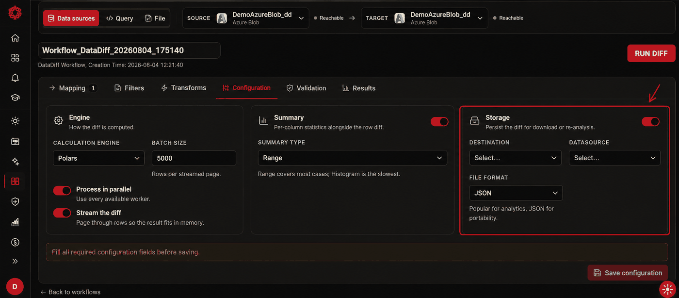 Configuration tab, Storage enabled