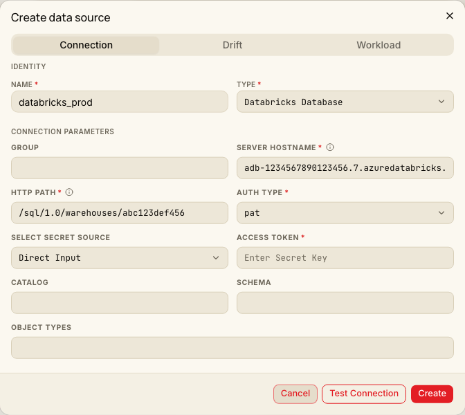 Databricks connection form