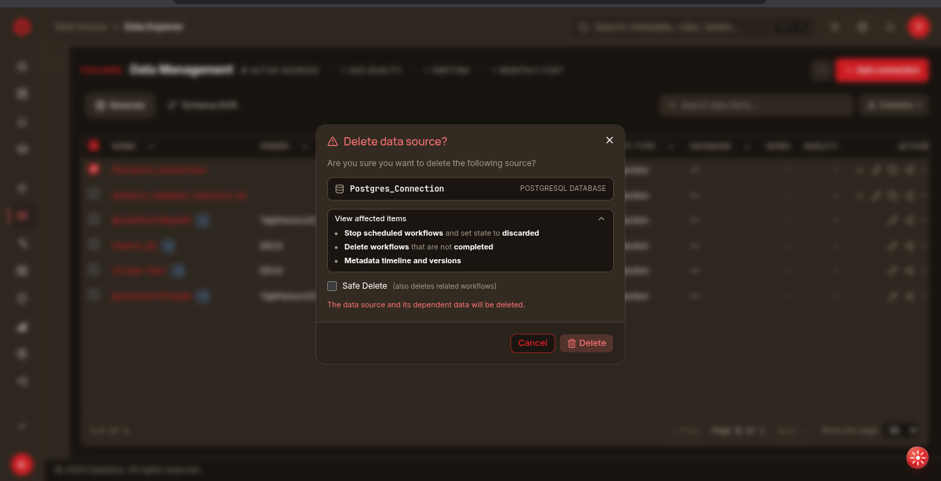 Delete data source confirmation dialog