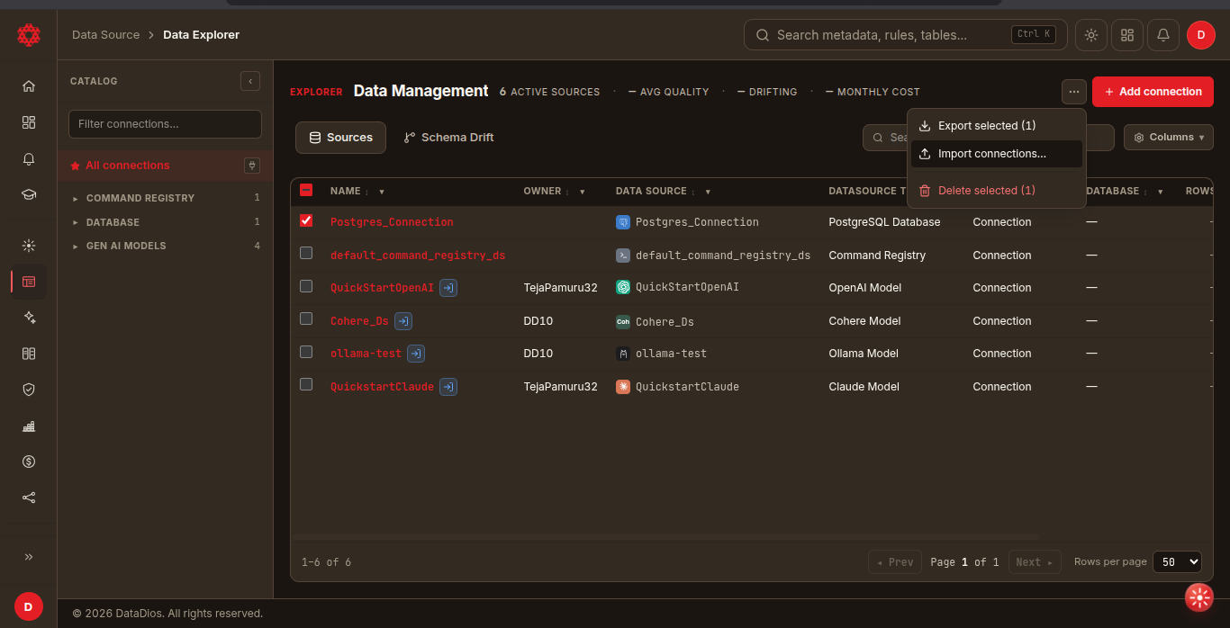 Import connections option in the actions menu