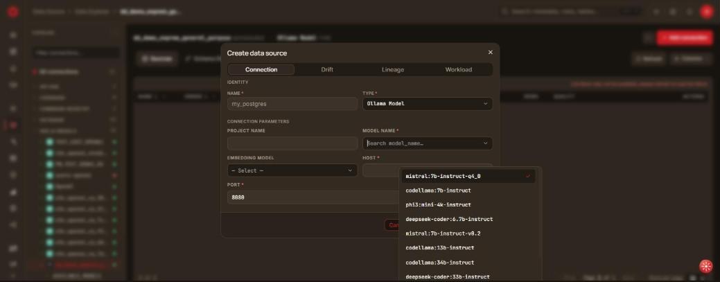 Ollama model catalog in the Model Name dropdown