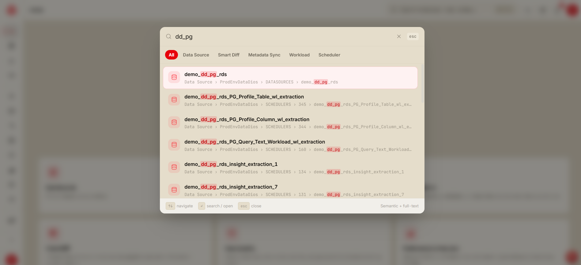 The search dialog showing category filter pills and a ranked list of results
