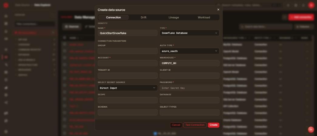 Snowflake connection form with Azure OAuth authentication