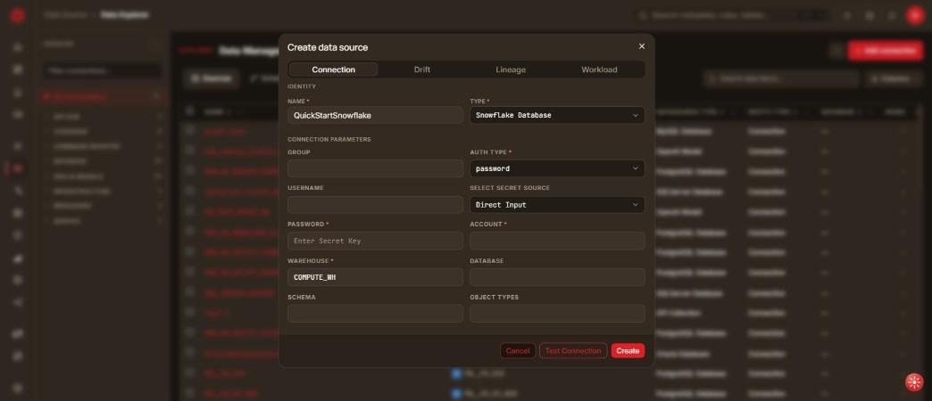 Snowflake connection form with password authentication
