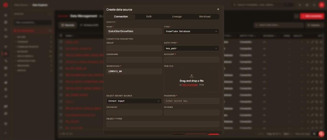 Snowflake connection form with key pair authentication