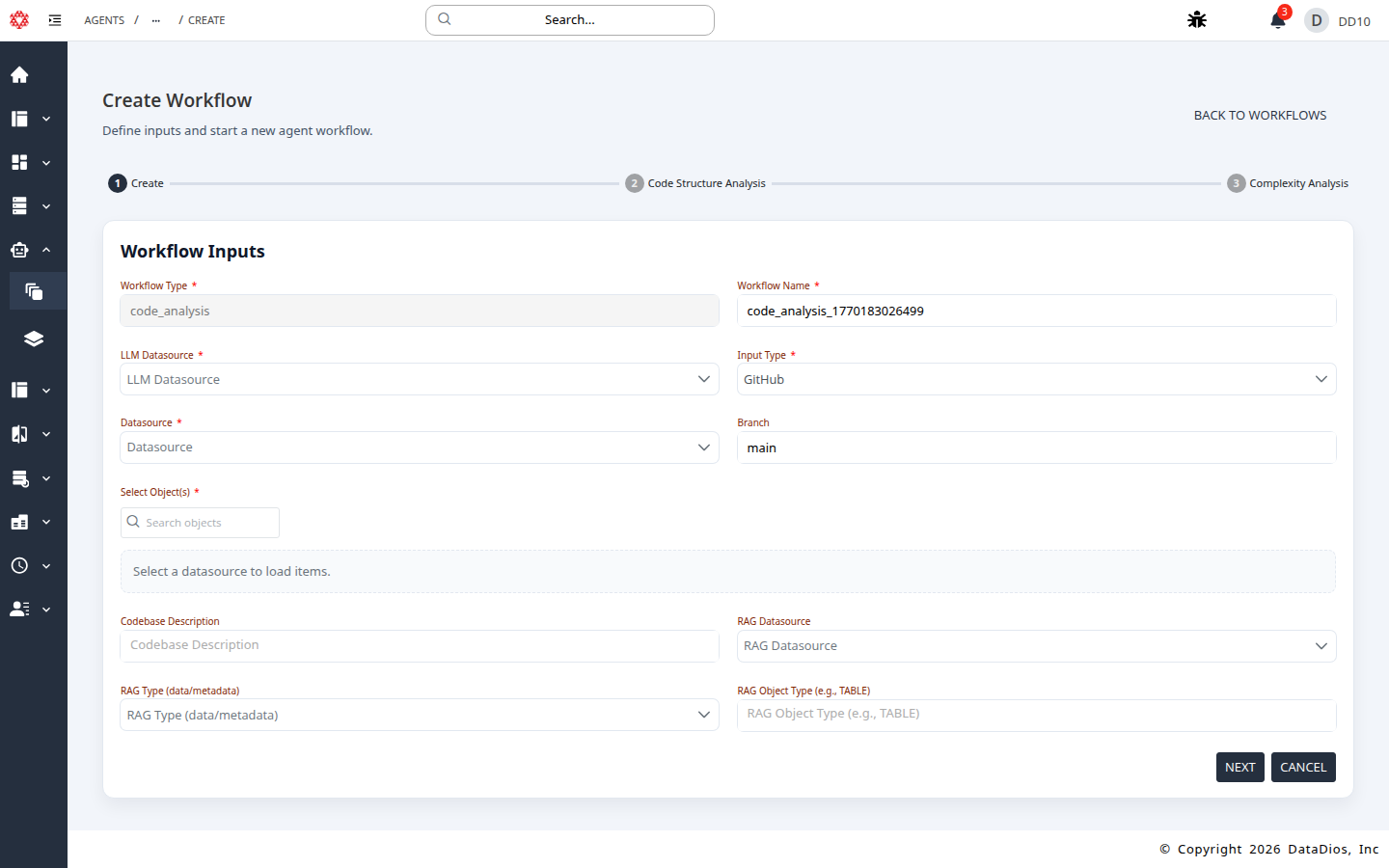 Workflow inputs form