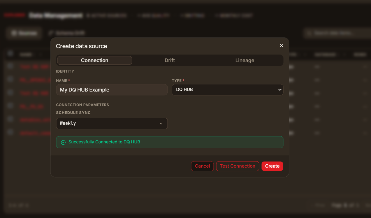 Create data source modal, Type set to DQ HUB