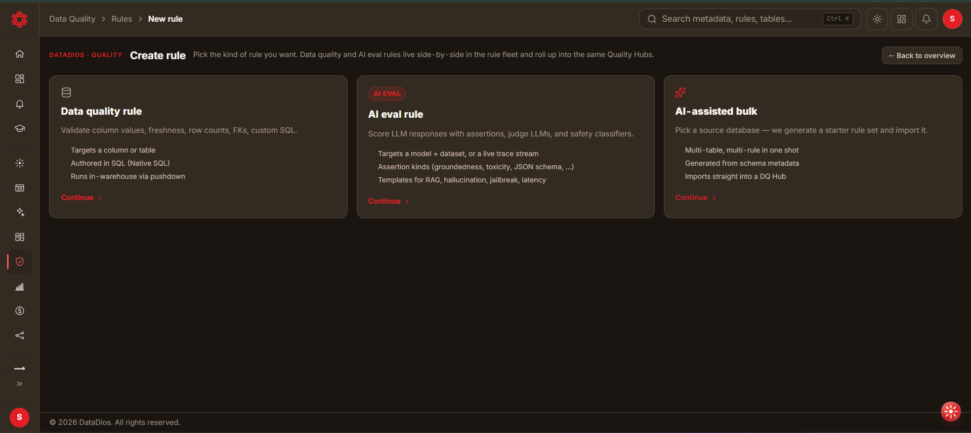 Create rule picker: Data quality rule, AI eval rule, AI-assisted bulk