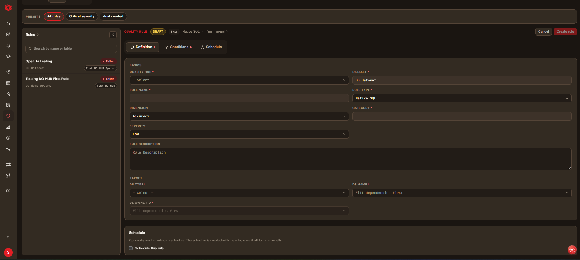 Rules master-detail view: rule list on the left, Definition tab on the right